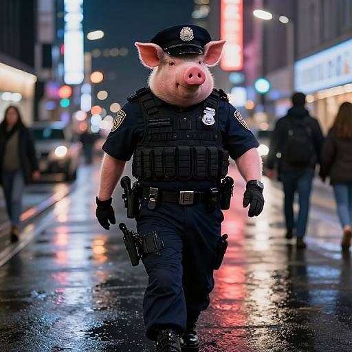 Photograph of a pig in a police uniform, complete with hat, vest, and gloves, walking down a rainy, neon-lit city street.