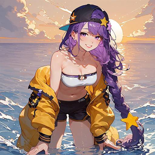 Purple-Haired Girl at Ocean Sunset