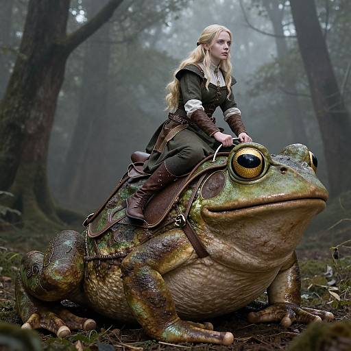 Photorealistic CGI: Blonde woman with medieval attire riding a large, green, yellow-eyed frog in a misty forest, wearing brown leather boots and