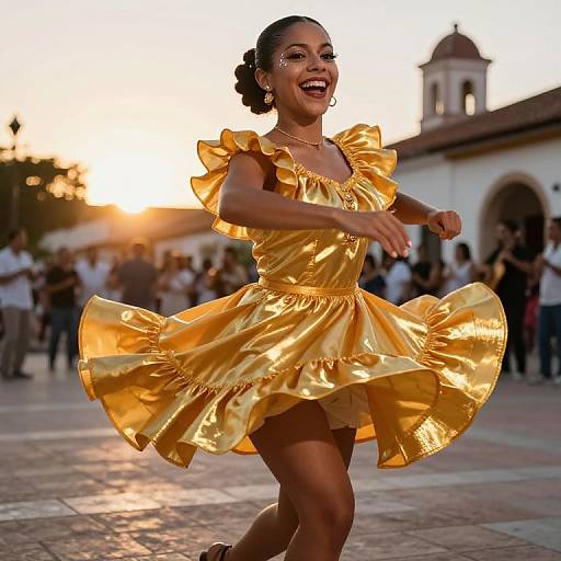 Photograph of a smiling Black woman dancing in a golden, ruffled dress at sunset, with a crowd and white building in the background.