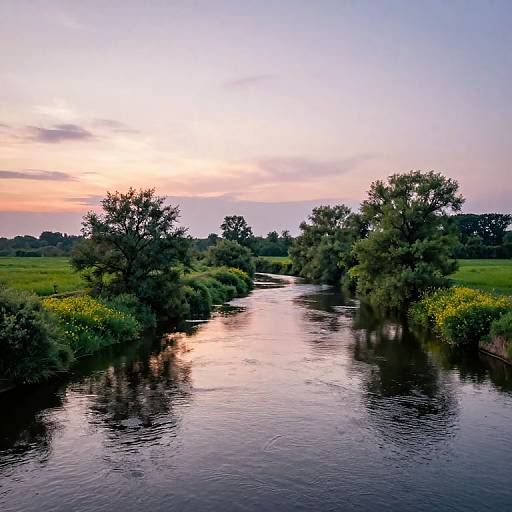 Photograph of a serene river at sunset, reflecting the pink and orange sky, surrounded by lush green trees and grasses.