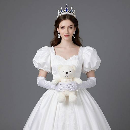 Photograph of a young woman with fair skin and dark brown hair, wearing a white princess dress, silver tiara, white gloves, and dangling earrings