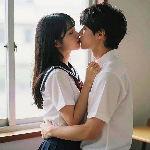 Photograph of an Asian couple kissing passionately in a sunlit classroom; she wears a sailor uniform, he in a white shirt.