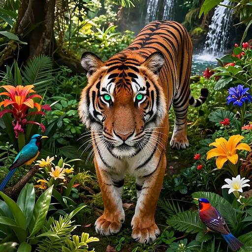 Photorealistic digital art of a tiger with glowing green eyes, standing in a lush jungle with colorful flowers, birds, and a waterfall in the background
