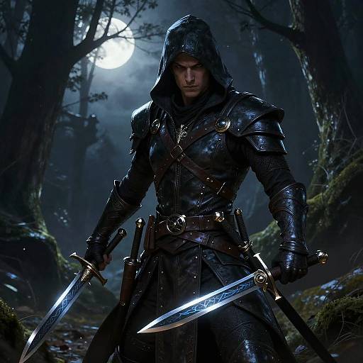 Digital fantasy artwork of a hooded, armored warrior with glowing swords in a dark, moonlit forest, surrounded by mist and trees.