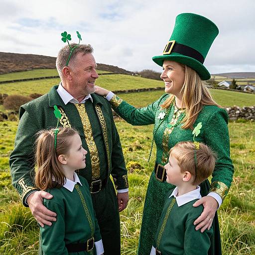 Photograph of a family in St. Patrick's Day attire: father with green suit and shamrocks, mother with tall green hat, two children