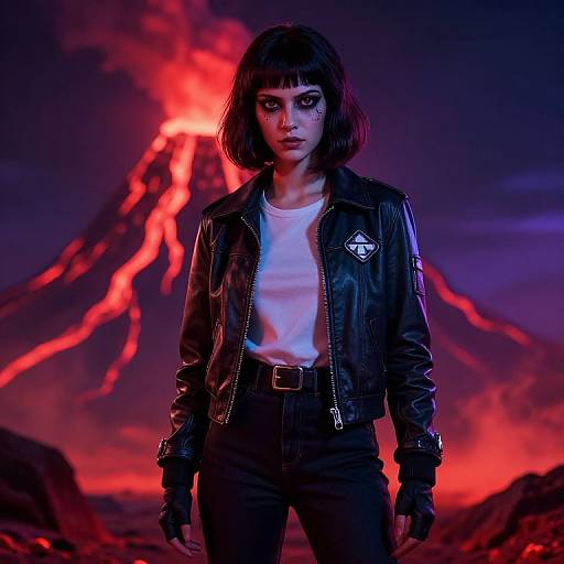 Photorealistic digital art of a dark-haired woman in a black leather jacket, white shirt, and black pants, standing before a red-illumin