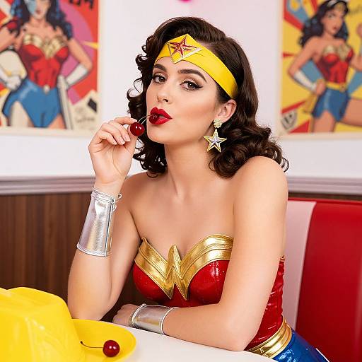 Photograph of a fair-skinned woman with curly dark hair, wearing Wonder Woman's red and gold costume, silver bracelets, yellow headband, and