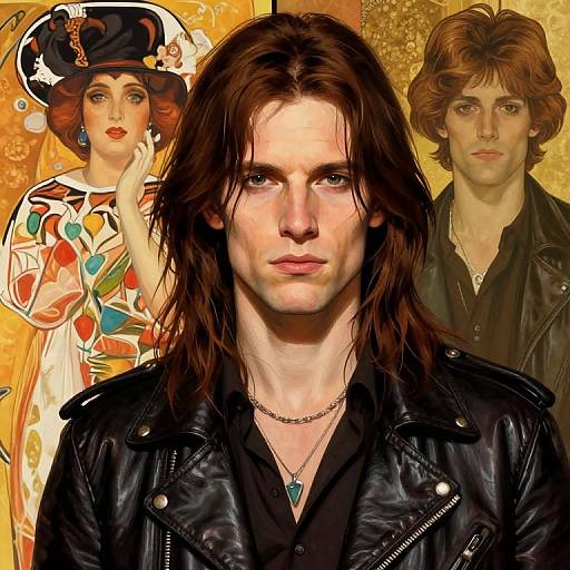 Digital art mashup: Central figure, pale with long brown hair, black leather jacket, serious expression; background: 1960s style woman in