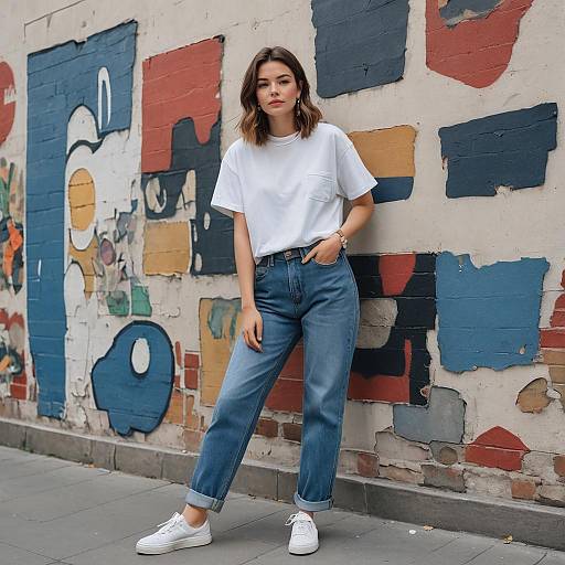 Woman in Casual Y2K Outfit by Mural Wall