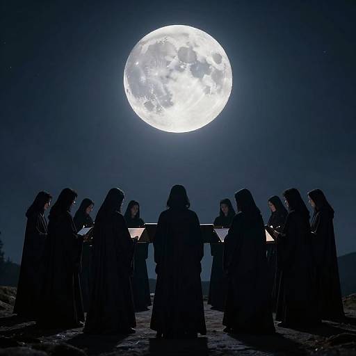 Moonlit Circle of Cloaked Figures