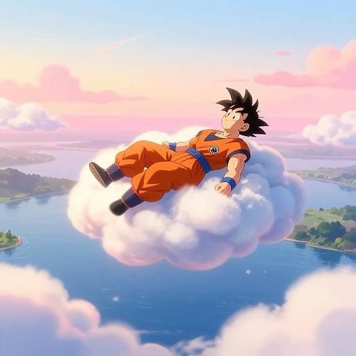 Digital anime-style drawing of Goku, with spiky black hair and orange gi, floating on a cloud above a serene lake and forest landscape.