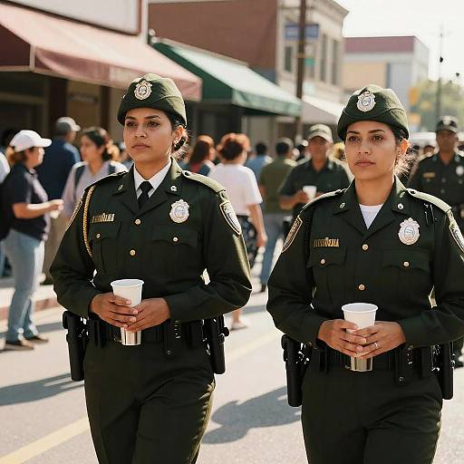 Photograph of two Latina female police officers in black uniforms and caps, holding coffee cups, walking down a sunlit street with a blurred crowd in the