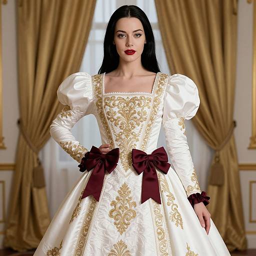 Photorealistic CGI of a pale-skinned woman with long black hair, wearing a white, gold-embroidered, puffed-sleeve