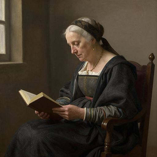 Photograph of an elderly woman with white hair, wearing a black dress, headscarf, and gold necklace, reading a book in dimly lit