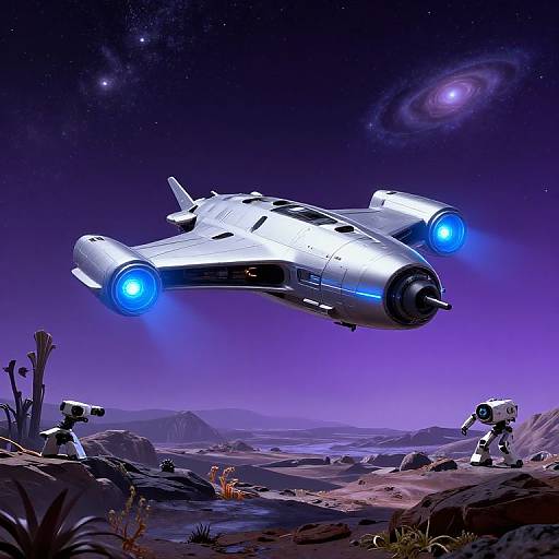 Digital artwork of a futuristic silver spaceship with glowing blue engines flying above a purple desert planet with rocky terrain, distant mountains, and a spiral galaxy in the