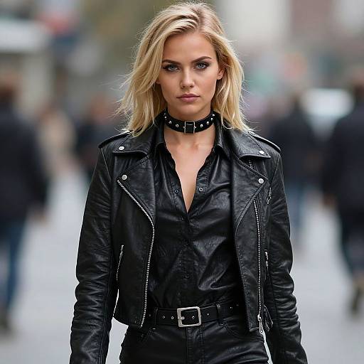 Photograph of a blonde woman with blue eyes, wearing a black leather jacket, black shirt, and spiked choker, walking confidently in an urban street