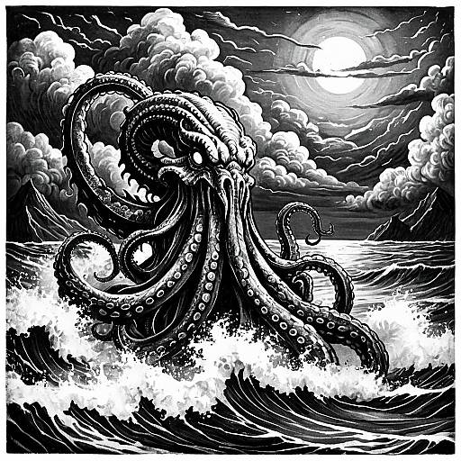 Mythical Kraken Tattoo Design in Stormy Ocean