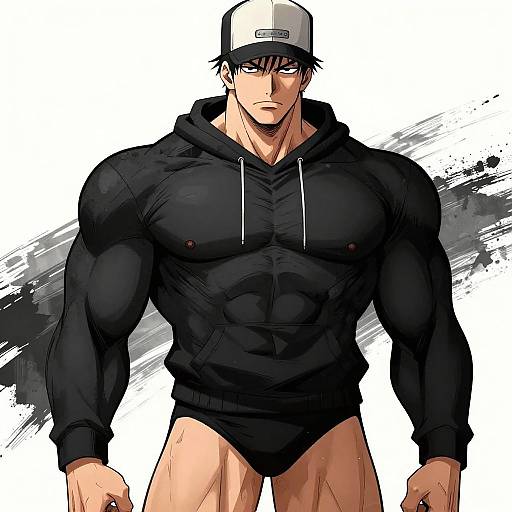 Muscular anime man with black hoodie, white cap, and black briefs, revealing chiseled abs and nipples. Stylized digital art.