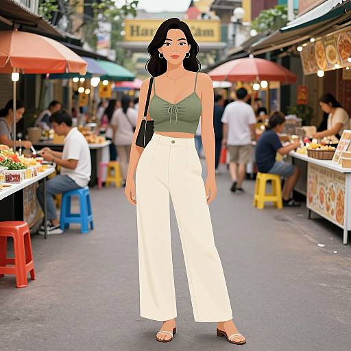 Digital illustration of a stylish Asian woman with black hair in a green crop top and white high-waisted pants, standing in a busy, colorful outdoor