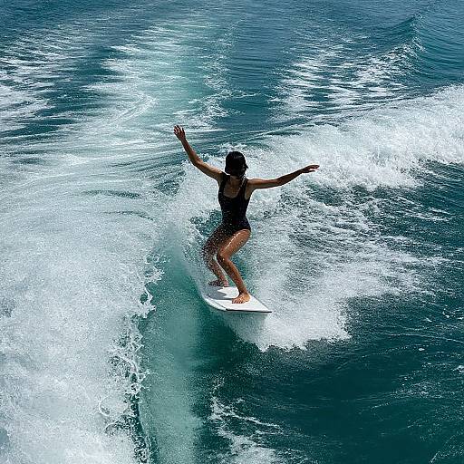 Photograph of a person in a black wetsuit surfing a wave, arms outstretched, white surfboard gliding through dark blue, fo