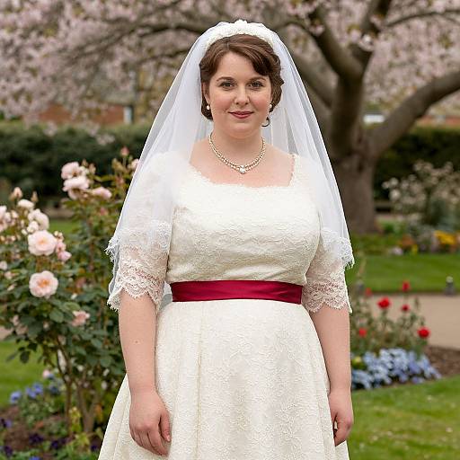 Photograph of a smiling bride with short brown hair, wearing a white lace wedding dress, red sash, and veil, standing in a blooming