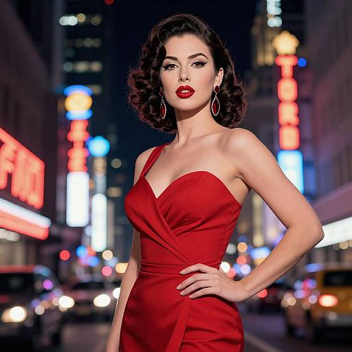 Photograph of a glamorous woman with dark, wavy hair, red lipstick, and a strapless red dress, standing confidently in a neon-lit