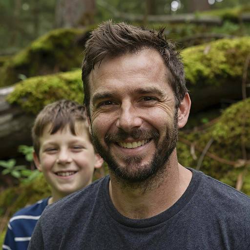 Smiling Middle-Aged Man with Laughing Boy in Forest