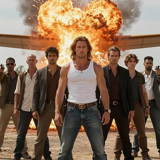 Dramatic Scene of Men Amidst Explosion