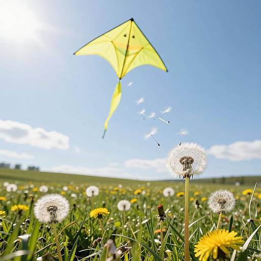Photograph of a sunny meadow with white dandelions, a yellow kite soaring in a clear blue sky, and scattered yellow flowers.