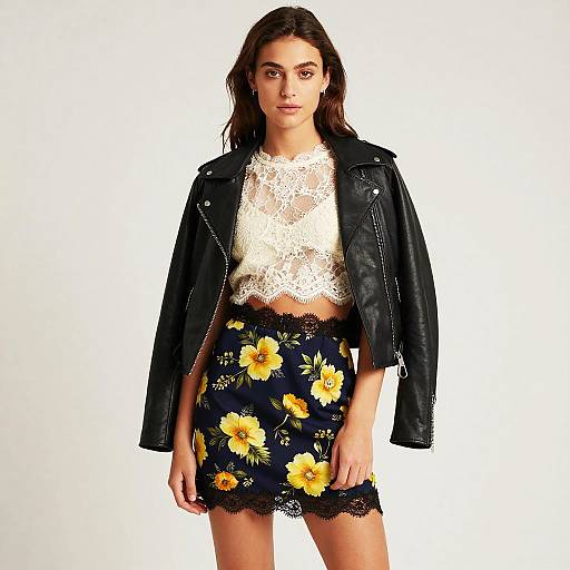 Photograph of a young woman with long brown hair, wearing a black leather jacket, white lace crop top, and black floral skirt, standing against a