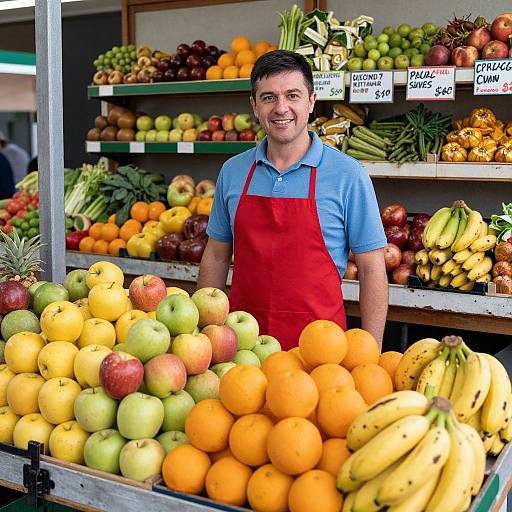 Photograph of smiling male fruit vendor in blue shirt and red apron, standing behind vibrant fruit display with apples, oranges, bananas, and signs.