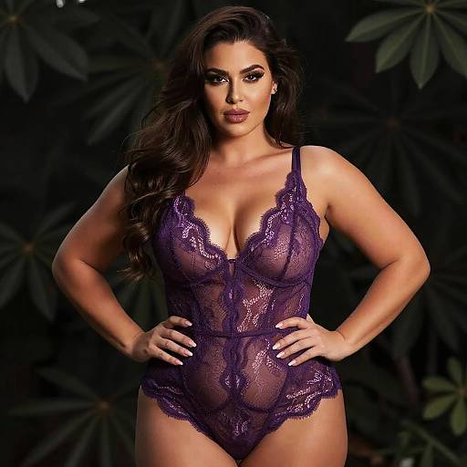 Photograph of a confident woman with long, dark hair, wearing a sheer, purple lace bodysuit, standing against a dark, leafy background
