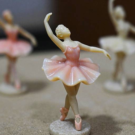 Photograph of three small, glossy ceramic ballerinas in pink tutus and pink ballet slippers, with one in the foreground posing gracefully.