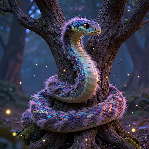 Digital artwork of a colorful, glowing, furry snake coiled around a dark tree in a mystical forest with floating fireflies.