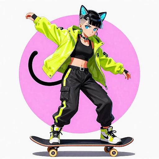 Neon Skateboarder Cat-Eared Athletic Girl