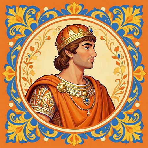 Digital illustration of a handsome young king with brown hair, wearing an ornate gold crown, orange robe, and jewelry, set in a vibrant, orn