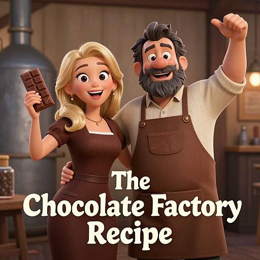 3D CGI image of a smiling blonde woman in a brown dress and a bearded man in a white shirt and brown apron, holding chocolate,