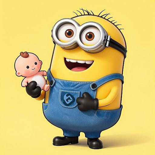 CGI image of a yellow Minion with goggles, blue overalls, holding a pink baby Minion with a brown dot on its head. Yellow