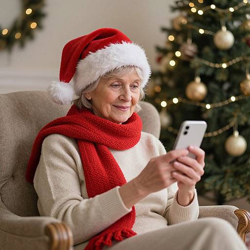 Elderly woman in Santa hat and red scarf, smiling while texting on white smartphone, seated by decorated Christmas tree.