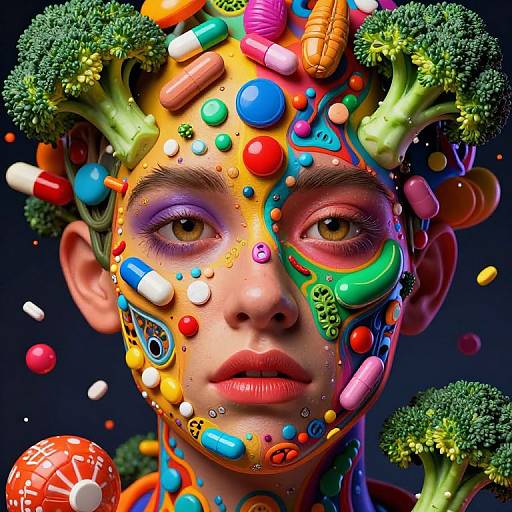 Digital artwork: Colorful, surreal portrait of a person with vibrant, mixed-media face paint, featuring pills, candy, and broccoli, against a dark