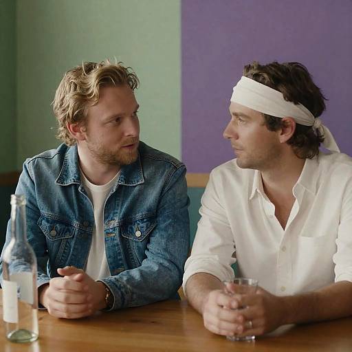 Two Men Sitting at Table in Conversation