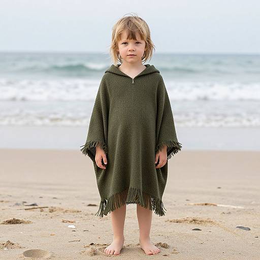 Photograph of a young blonde child standing barefoot on a sandy beach, wearing a dark green, fringed, hooded blanket. Ocean waves in