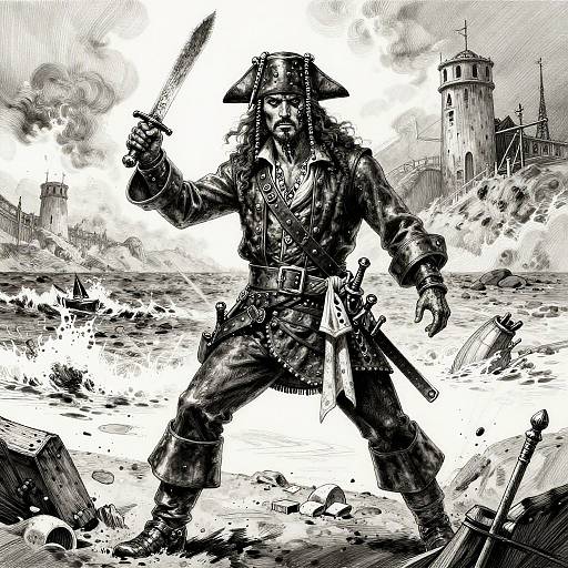 Detailed Pirate Battle Ink Drawing