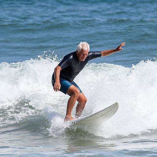 Photograph of an older white-haired man in a black wetsuit surfing on a small wave, with splashing water and a blue ocean background.