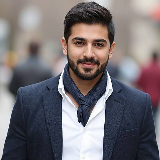 Photograph of a handsome, bearded South Asian man with dark hair, wearing a black blazer, white shirt, and dark scarf, smiling subtly