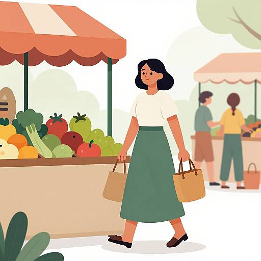 Digital illustration of a smiling woman with short black hair, white top, green skirt, and brown shoes, carrying a beige bag, standing at a colorful