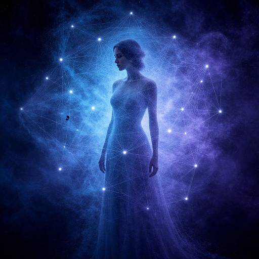 Silhouetted bride in a flowing dress surrounded by glowing blue stars and ethereal blue mist, creating a celestial and mystical ambiance. Digital artwork.