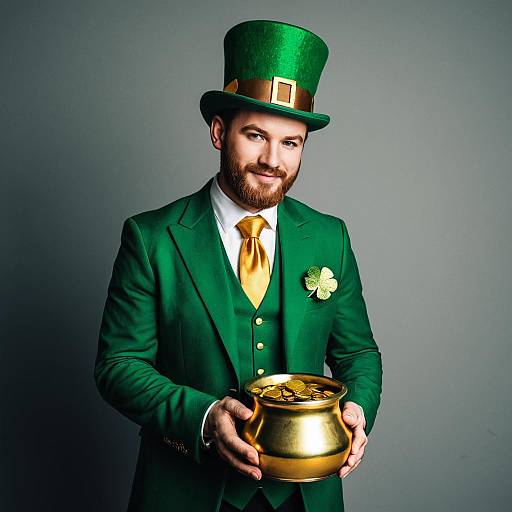 Man in Leprechaun Costume Holding Pot of Gold