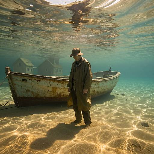 Photograph: An older man in a worn, olive-green raincoat and hat stands underwater beside a rusted, old wooden boat, with sunlight rip